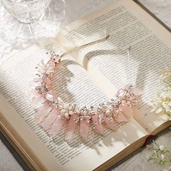 Crystal Quartz Crown Headband Women Pink Tiara Wedding Party Fairy Hair Accessor main image 4